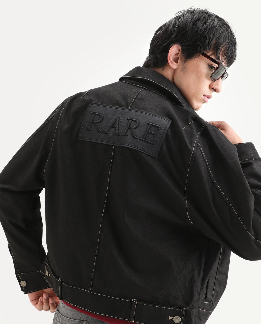 Rare Rabbit Men's Clovix Black Cotton Label Print Regular Fit Full Sleeve Spread Collar Jacket