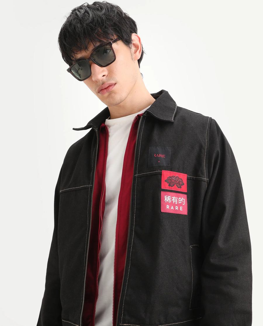 Rare Rabbit Men's Clovix Black Cotton Label Print Regular Fit Full Sleeve Spread Collar Jacket