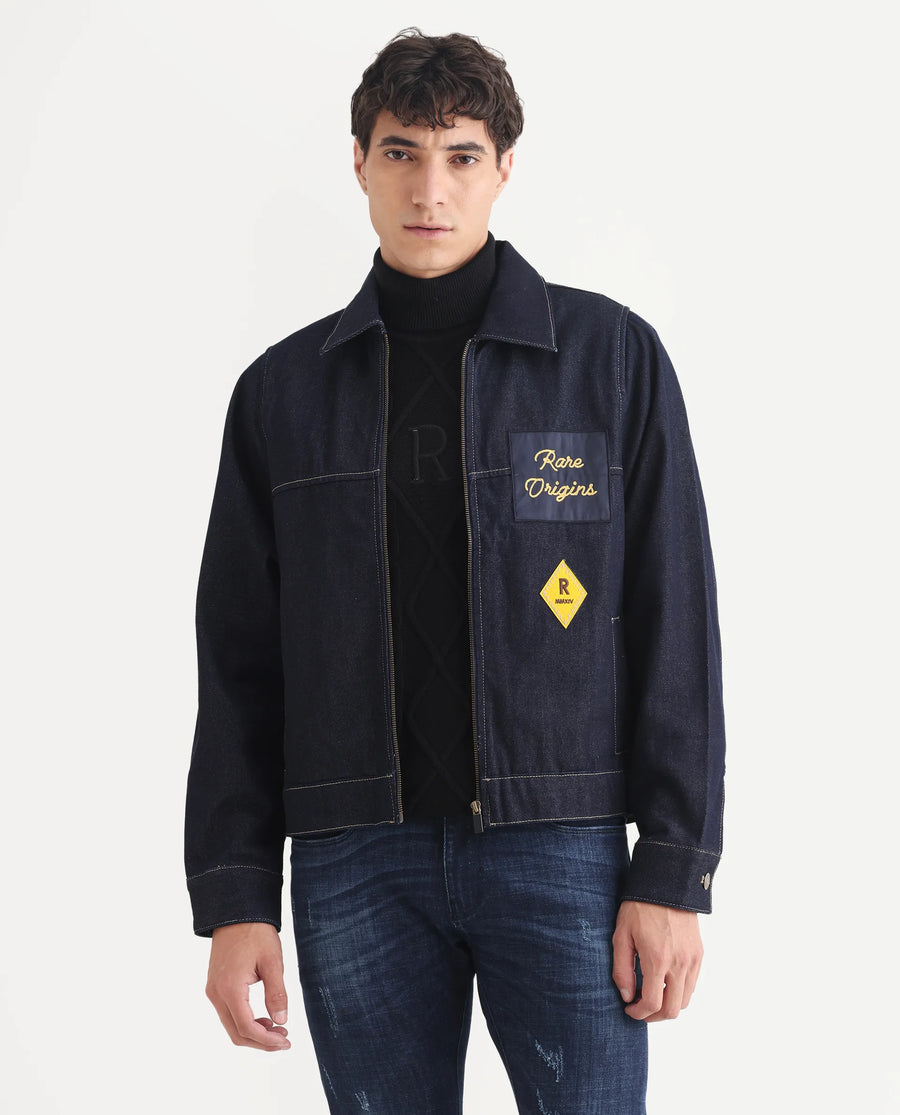 Rare Rabbit Men's Teron Blue Cotton Label Print Relaxed Fit Full Sleeve Spread Collar Denim Jacket