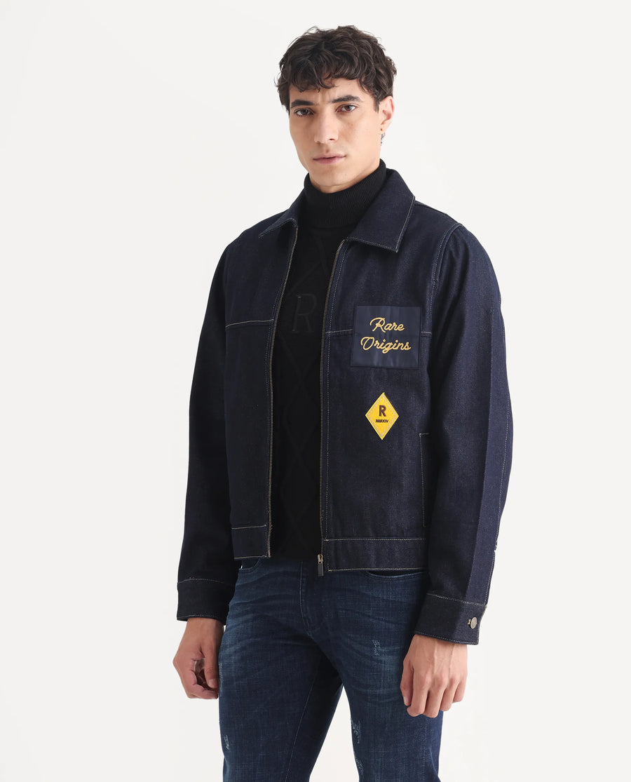 Rare Rabbit Men's Teron Blue Cotton Label Print Relaxed Fit Full Sleeve Spread Collar Denim Jacket