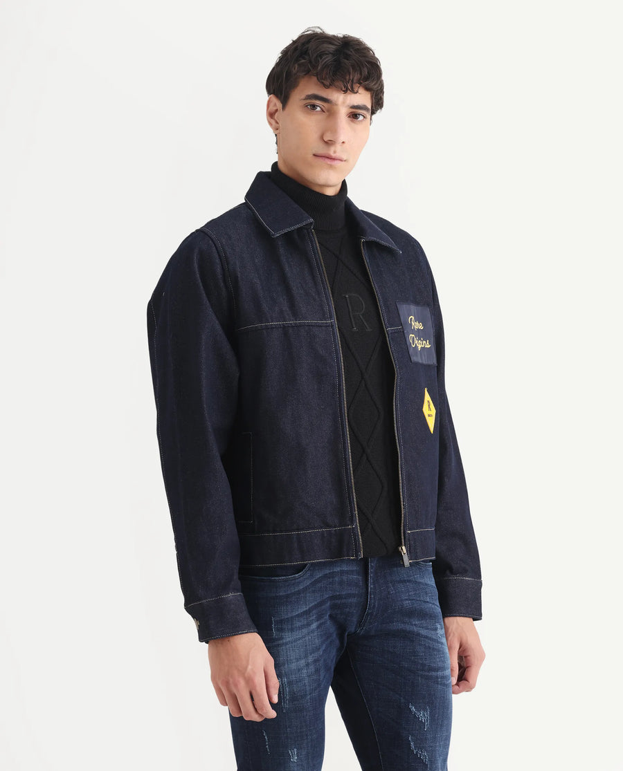 Rare Rabbit Men's Teron Blue Cotton Label Print Relaxed Fit Full Sleeve Spread Collar Denim Jacket