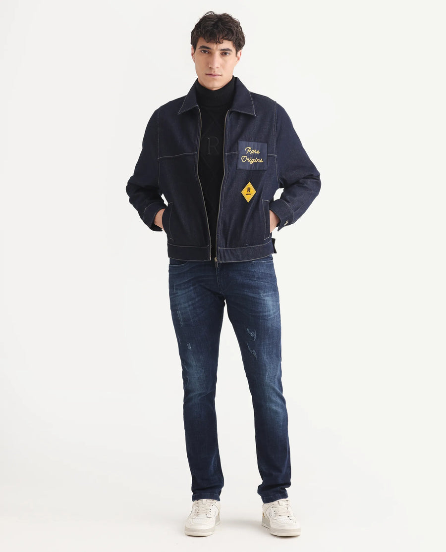 Rare Rabbit Men's Teron Blue Cotton Label Print Relaxed Fit Full Sleeve Spread Collar Denim Jacket