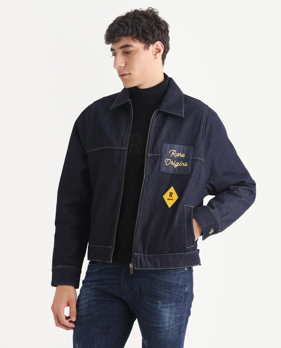 Rare Rabbit Men's Teron Blue Cotton Label Print Relaxed Fit Full Sleeve Spread Collar Denim Jacket