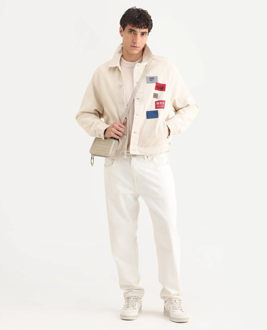 Rare Rabbit Men's Rewq Off White Cotton Label Print Relaxed Fit Full Sleeve Spread Collar Jacket