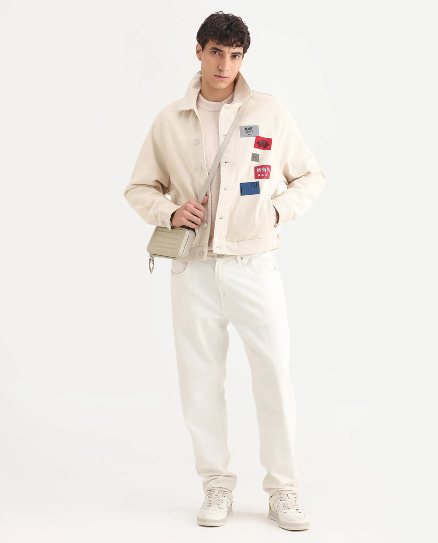 Rare Rabbit Men's Rewq Off White Cotton Label Print Relaxed Fit Full Sleeve Spread Collar Jacket