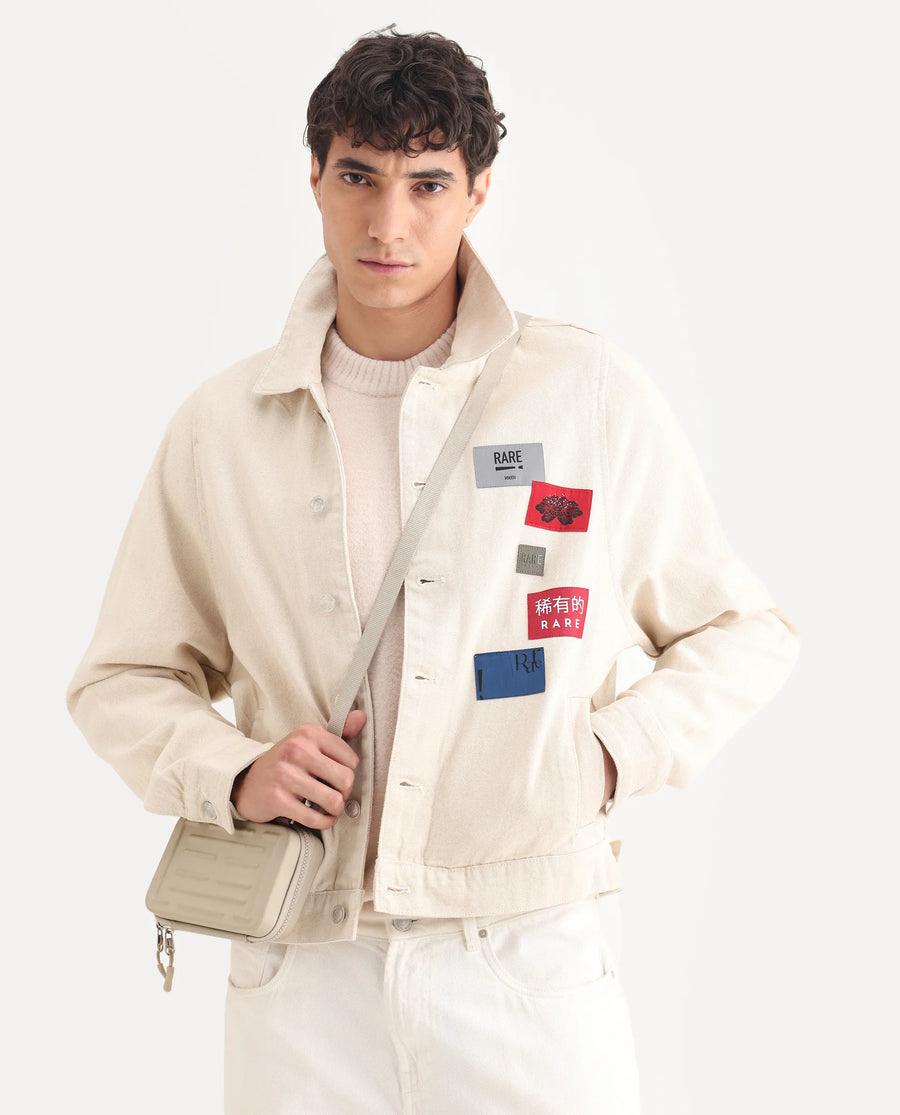 Rare Rabbit Men's Rewq Off White Cotton Label Print Relaxed Fit Full Sleeve Spread Collar Jacket