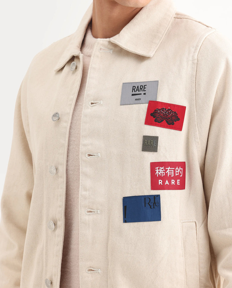 Rare Rabbit Men's Rewq Off White Cotton Label Print Relaxed Fit Full Sleeve Spread Collar Jacket