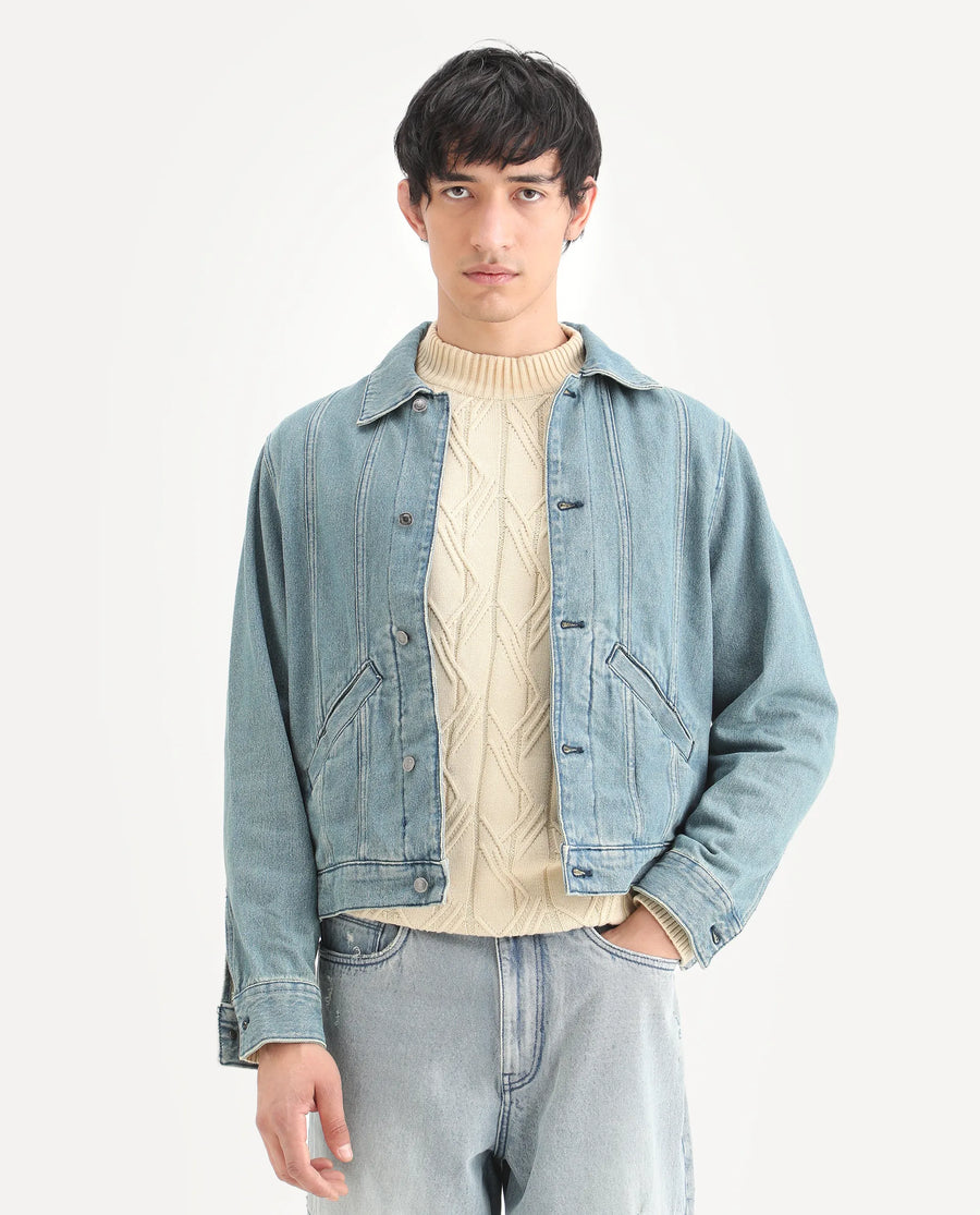 Rare Rabbit Men's Gausst Blue Cotton Plain Regular Fit Full Sleeve Spread Collar Jacket