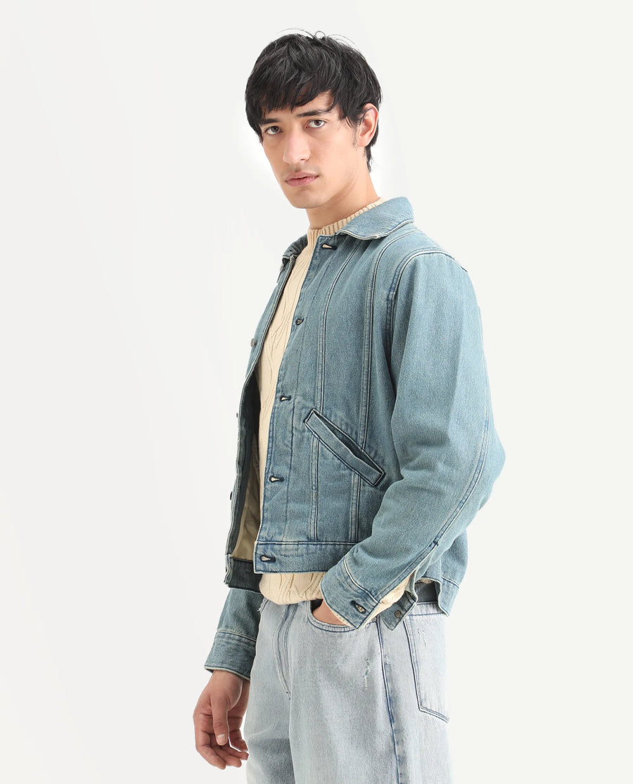 Rare Rabbit Men's Gausst Blue Cotton Plain Regular Fit Full Sleeve Spread Collar Jacket