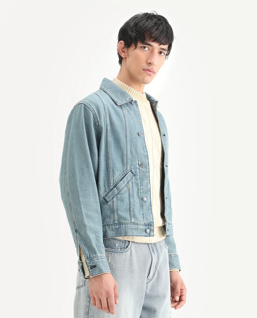 Rare Rabbit Men's Gausst Blue Cotton Plain Regular Fit Full Sleeve Spread Collar Jacket