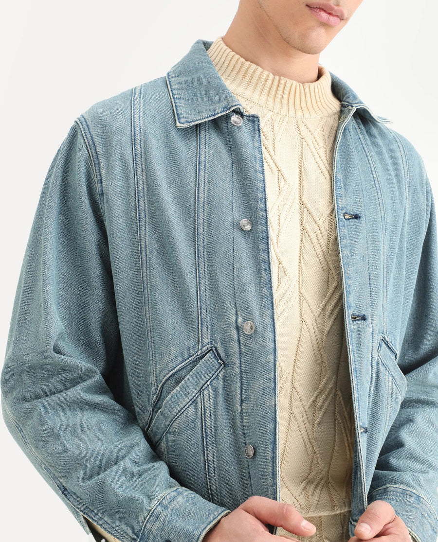 Rare Rabbit Men's Gausst Blue Cotton Plain Regular Fit Full Sleeve Spread Collar Jacket