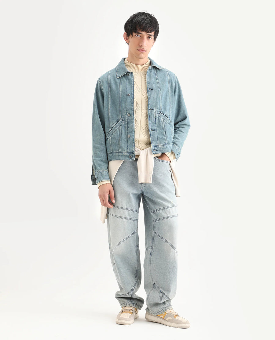 Rare Rabbit Men's Gausst Blue Cotton Plain Regular Fit Full Sleeve Spread Collar Jacket