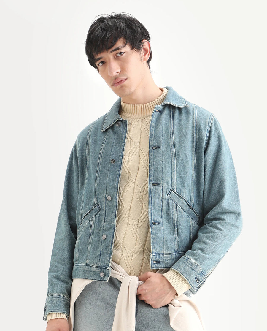 Rare Rabbit Men's Gausst Blue Cotton Plain Regular Fit Full Sleeve Spread Collar Jacket