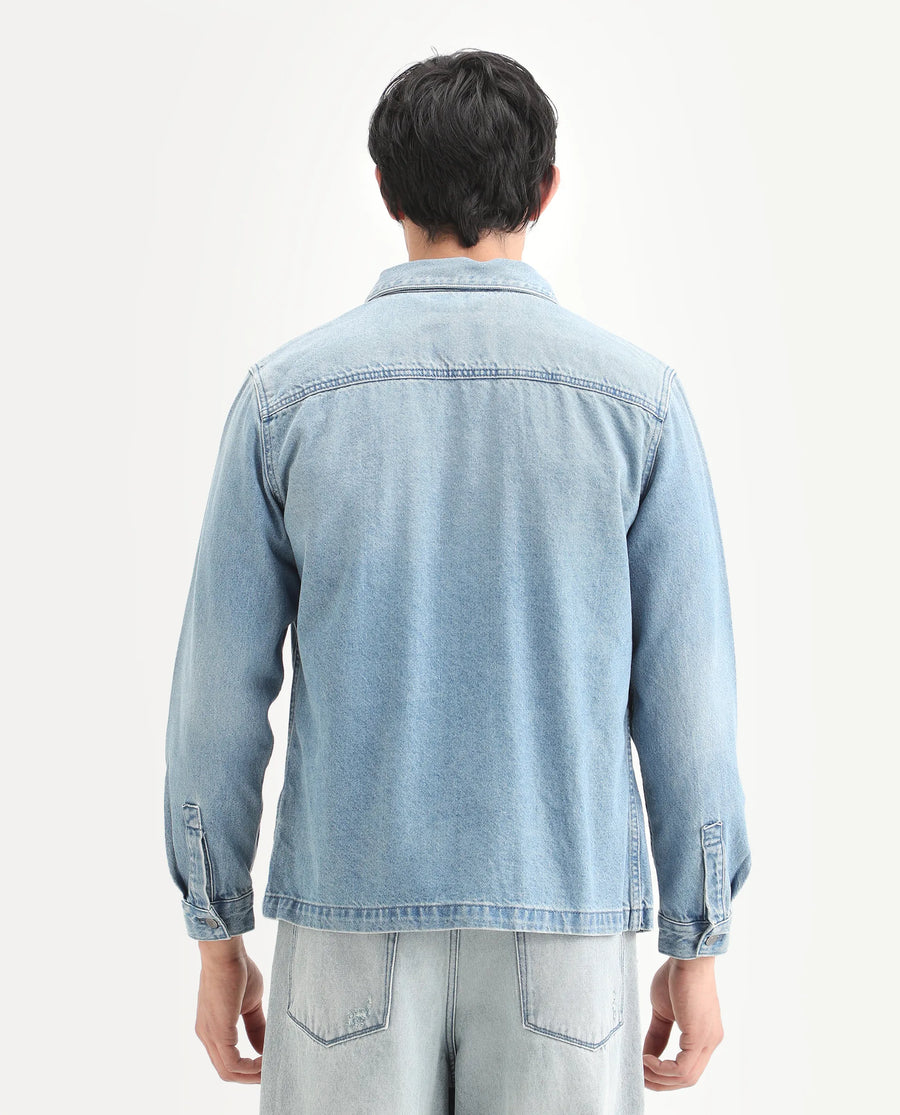 Rare Rabbit Men's Tycho Blue Cotton Plain Oversized Fit Full Sleeve Spread Collar Jacket