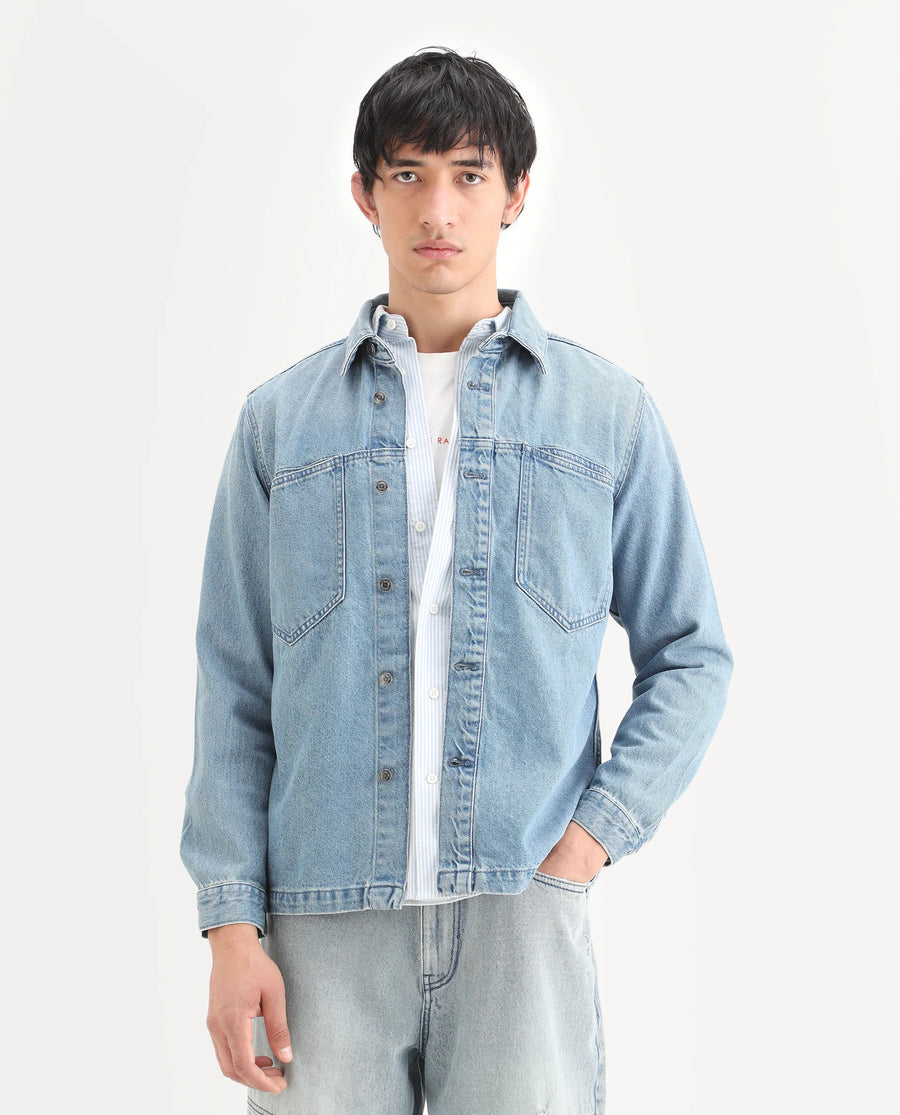 Rare Rabbit Men's Tycho Blue Cotton Plain Oversized Fit Full Sleeve Spread Collar Jacket