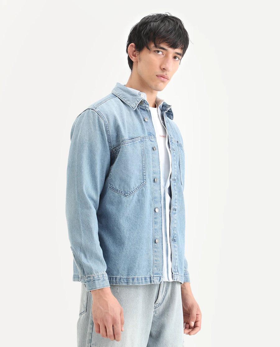 Rare Rabbit Men's Tycho Blue Cotton Plain Oversized Fit Full Sleeve Spread Collar Jacket