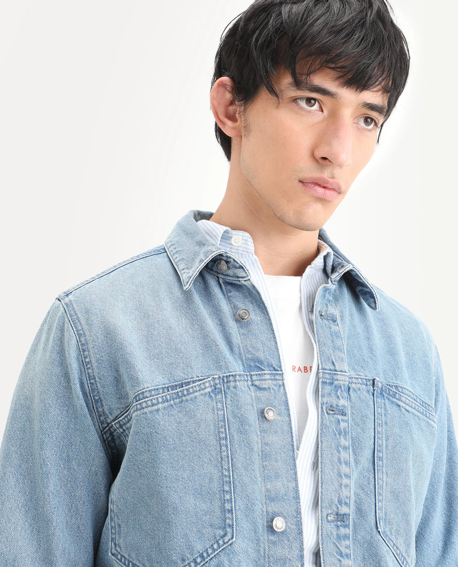 Rare Rabbit Men's Tycho Blue Cotton Plain Oversized Fit Full Sleeve Spread Collar Jacket