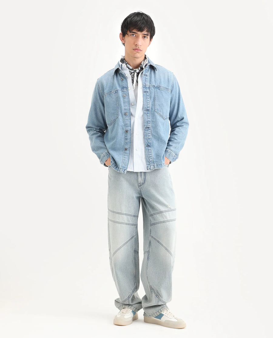 Rare Rabbit Men's Tycho Blue Cotton Plain Oversized Fit Full Sleeve Spread Collar Jacket
