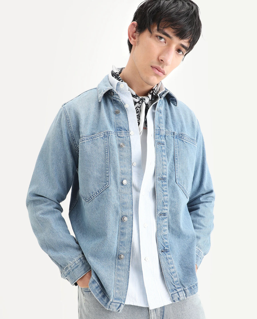 Rare Rabbit Men's Tycho Blue Cotton Plain Oversized Fit Full Sleeve Spread Collar Jacket