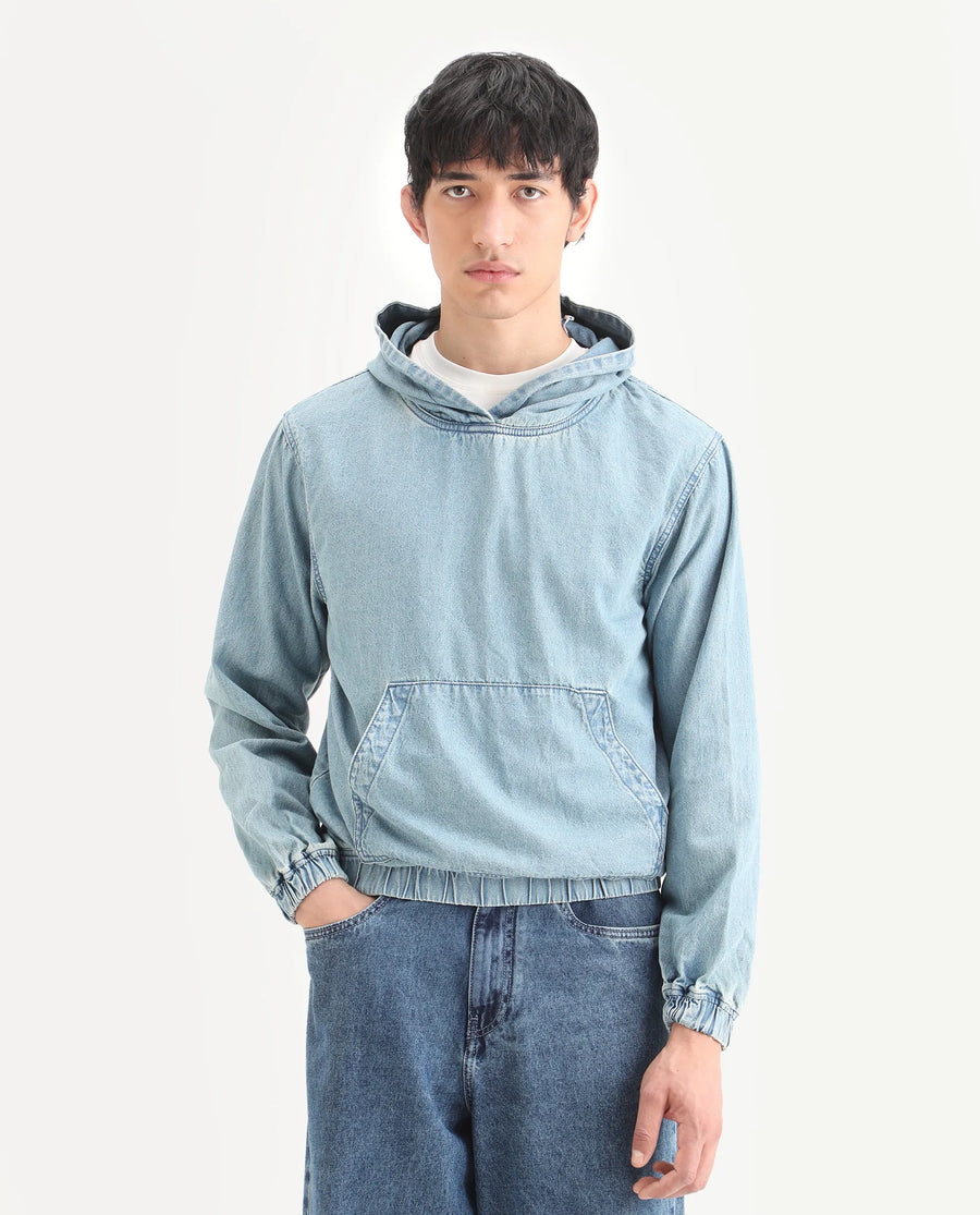 Rare Rabbit Men's Voltas Light Blue Cotton Plain Oversized Fit Full Sleeve Hooded Sweatshirt
