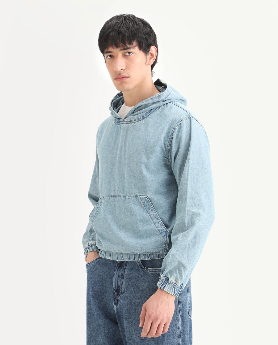 Rare Rabbit Men's Voltas Light Blue Cotton Plain Oversized Fit Full Sleeve Hooded Sweatshirt