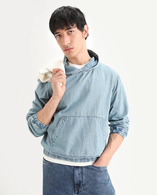 Rare Rabbit Men's Voltas Light Blue Cotton Plain Oversized Fit Full Sleeve Hooded Sweatshirt