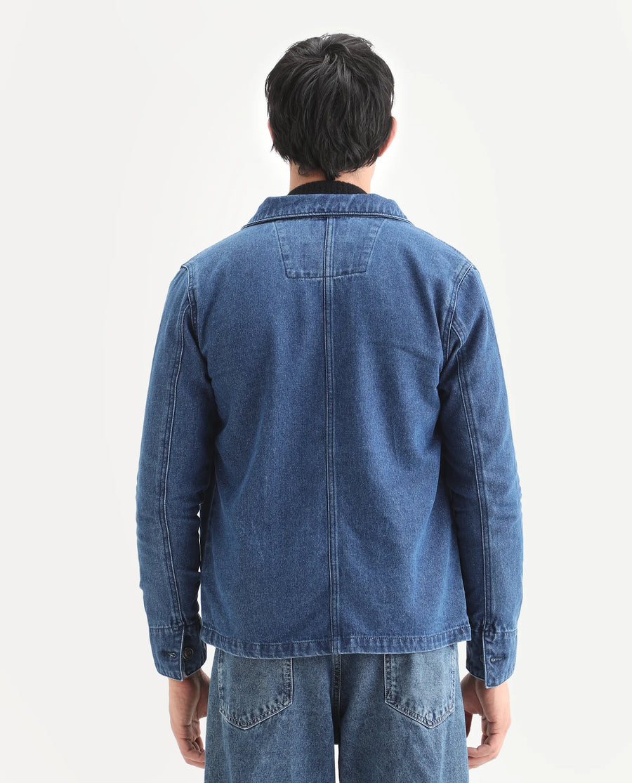 Rare Rabbit Men's Nio Blue Cotton Plain Regular Fit Full Sleeve Spread Collar Jacket