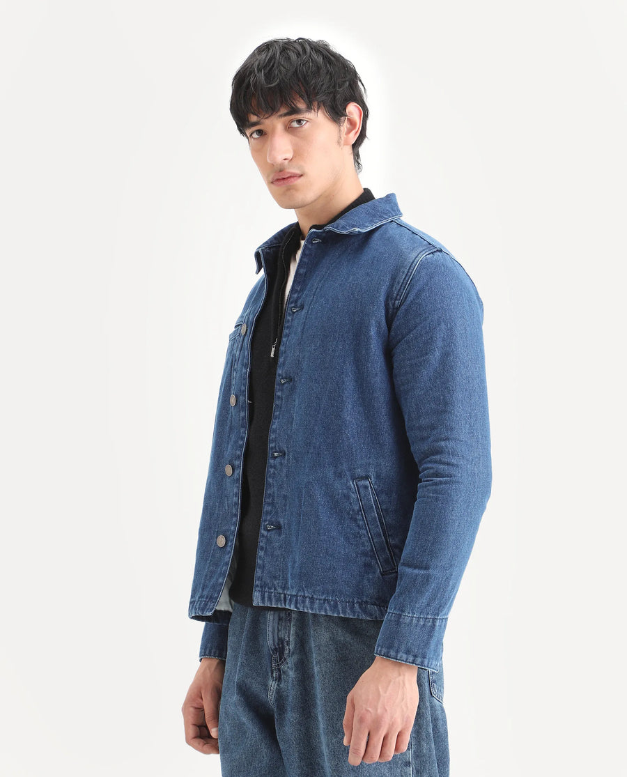 Rare Rabbit Men's Nio Blue Cotton Plain Regular Fit Full Sleeve Spread Collar Jacket