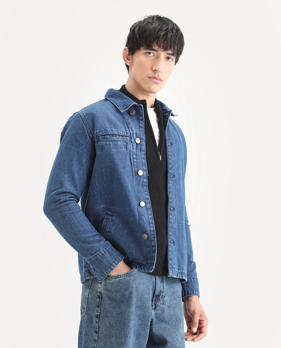 Rare Rabbit Men's Nio Blue Cotton Plain Regular Fit Full Sleeve Spread Collar Jacket
