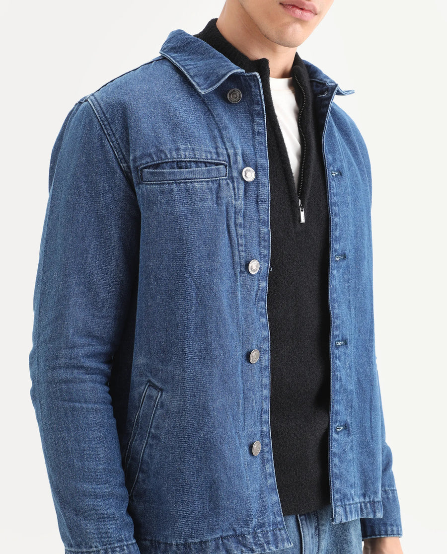 Rare Rabbit Men's Nio Blue Cotton Plain Regular Fit Full Sleeve Spread Collar Jacket