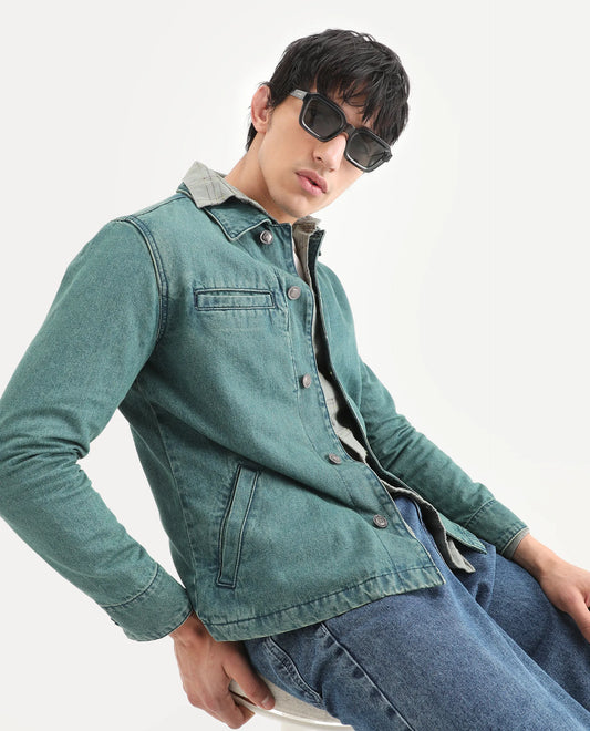 Rare Rabbit Men's Nio Green Cotton Plain Regular Fit Full Sleeve Spread Collar Jacket