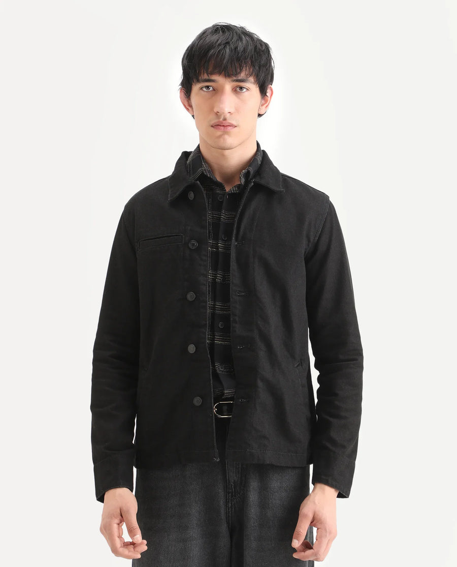 Rare Rabbit Men's Nio Black Cotton Plain Regular Fit Full Sleeve Spread Collar Jacket