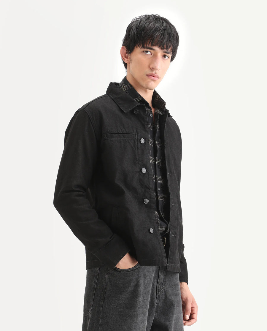 Rare Rabbit Men's Nio Black Cotton Plain Regular Fit Full Sleeve Spread Collar Jacket