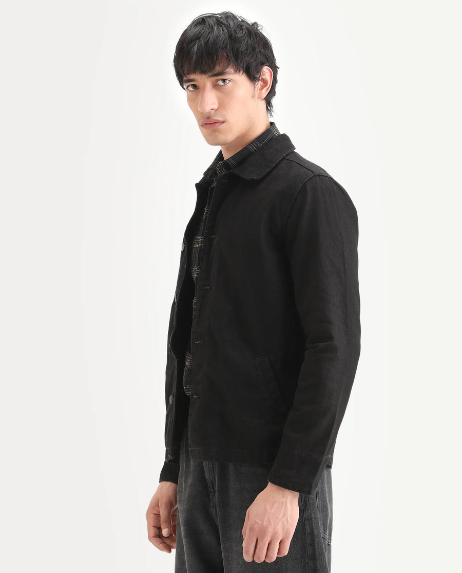 Rare Rabbit Men's Nio Black Cotton Plain Regular Fit Full Sleeve Spread Collar Jacket