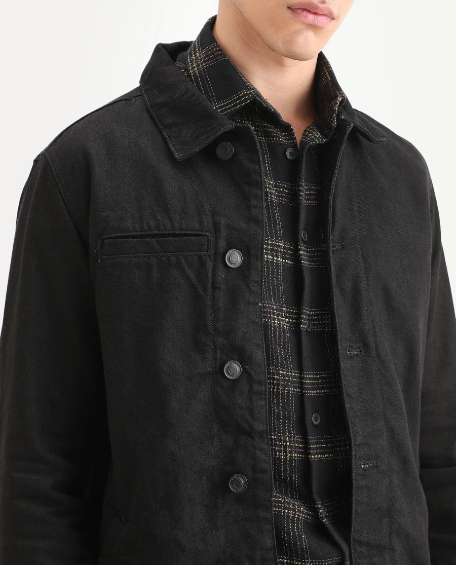 Rare Rabbit Men's Nio Black Cotton Plain Regular Fit Full Sleeve Spread Collar Jacket