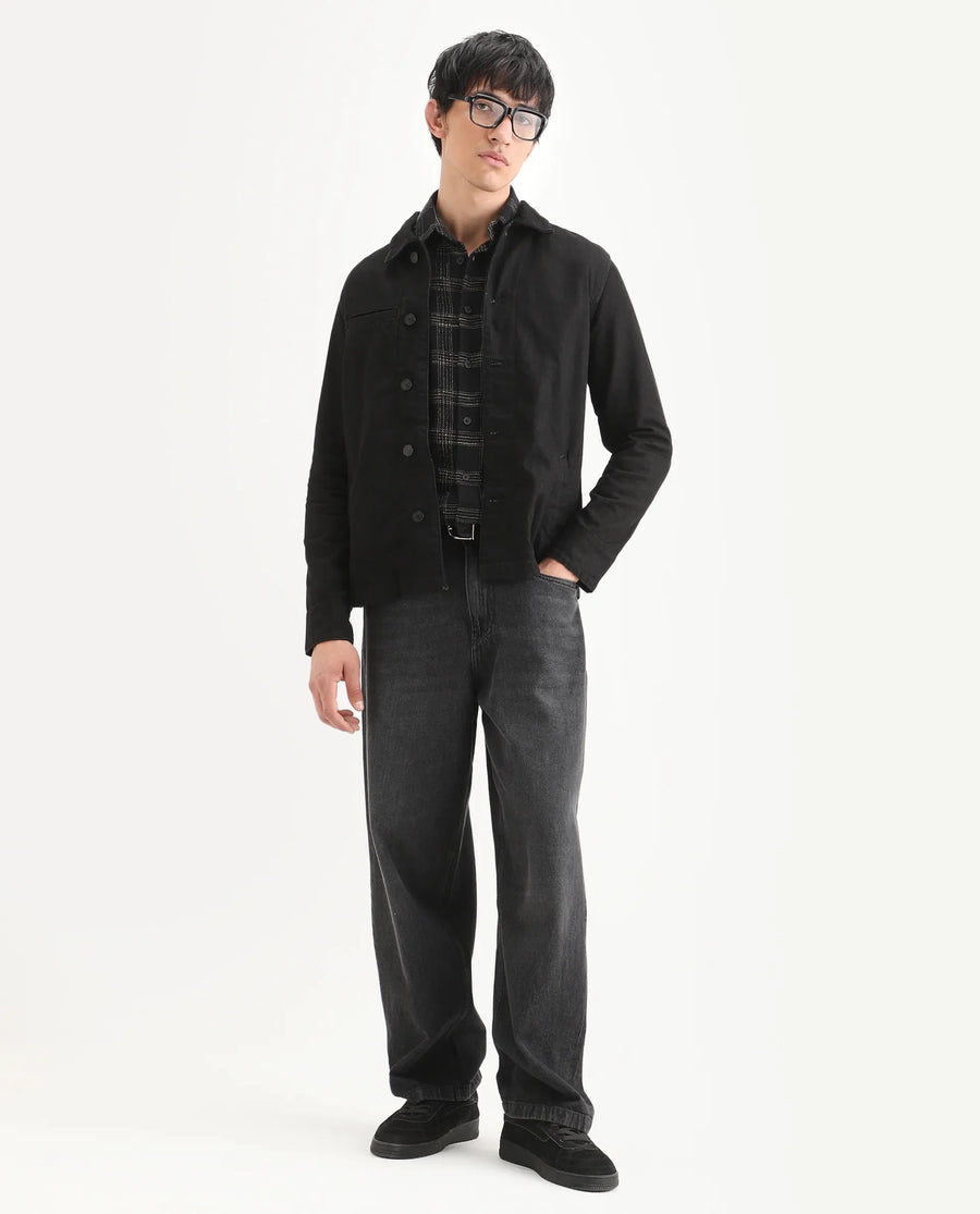 Rare Rabbit Men's Nio Black Cotton Plain Regular Fit Full Sleeve Spread Collar Jacket