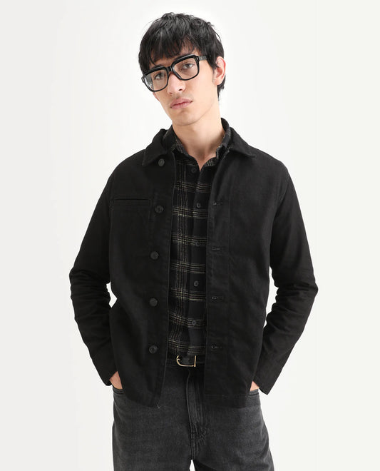Rare Rabbit Men's Nio Black Cotton Plain Regular Fit Full Sleeve Spread Collar Jacket