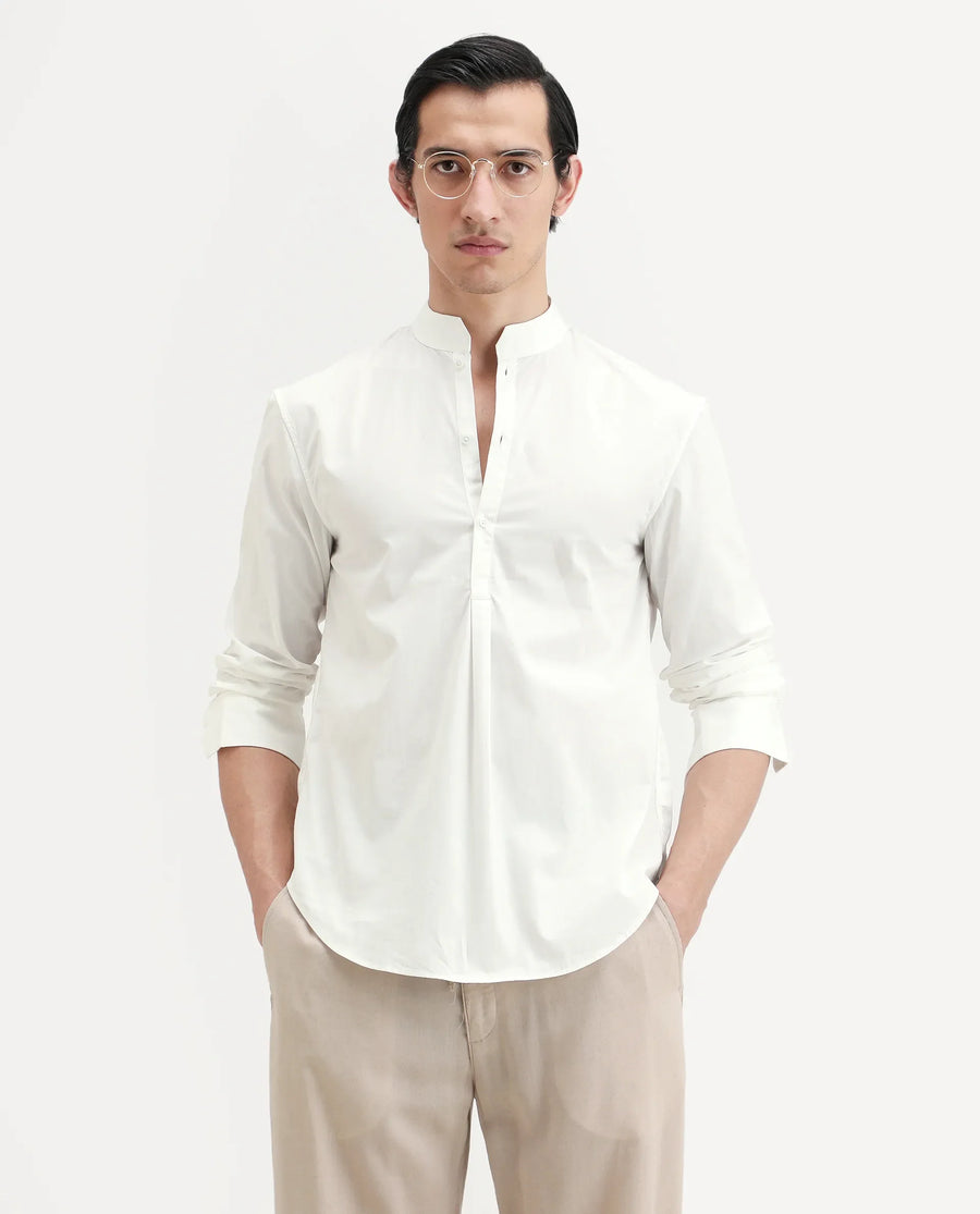 Rare Rabbit Men's Shin White Cotton Plain Regular Fit Full Sleeve Mandarin Collar Shirt