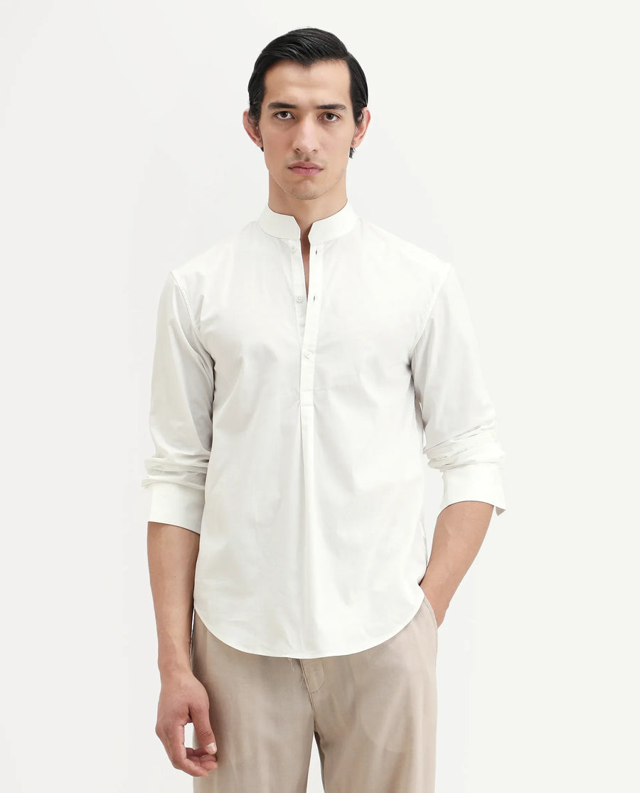 Rare Rabbit Men's Shin White Cotton Plain Regular Fit Full Sleeve Mandarin Collar Shirt