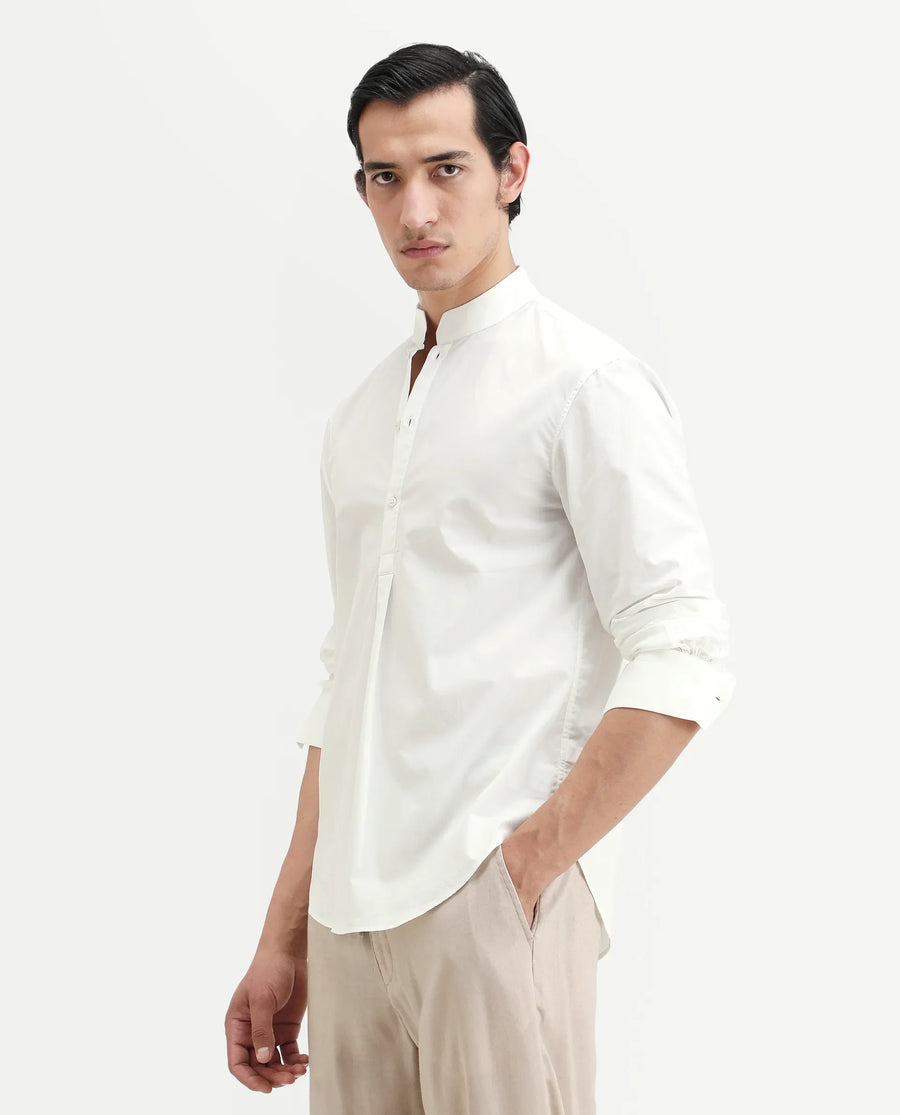 Rare Rabbit Men's Shin White Cotton Plain Regular Fit Full Sleeve Mandarin Collar Shirt