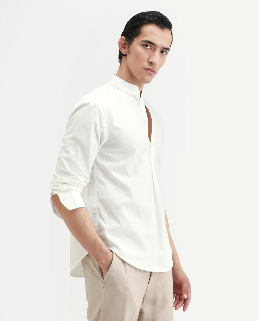 Rare Rabbit Men's Shin White Cotton Plain Regular Fit Full Sleeve Mandarin Collar Shirt