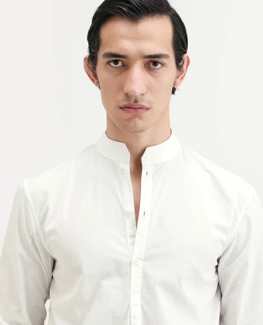 Rare Rabbit Men's Shin White Cotton Plain Regular Fit Full Sleeve Mandarin Collar Shirt