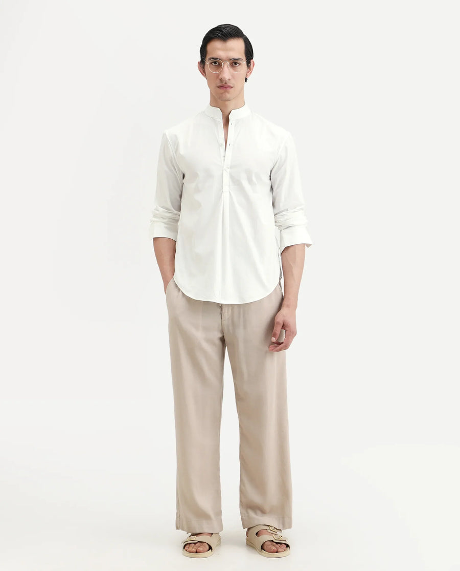 Rare Rabbit Men's Shin White Cotton Plain Regular Fit Full Sleeve Mandarin Collar Shirt