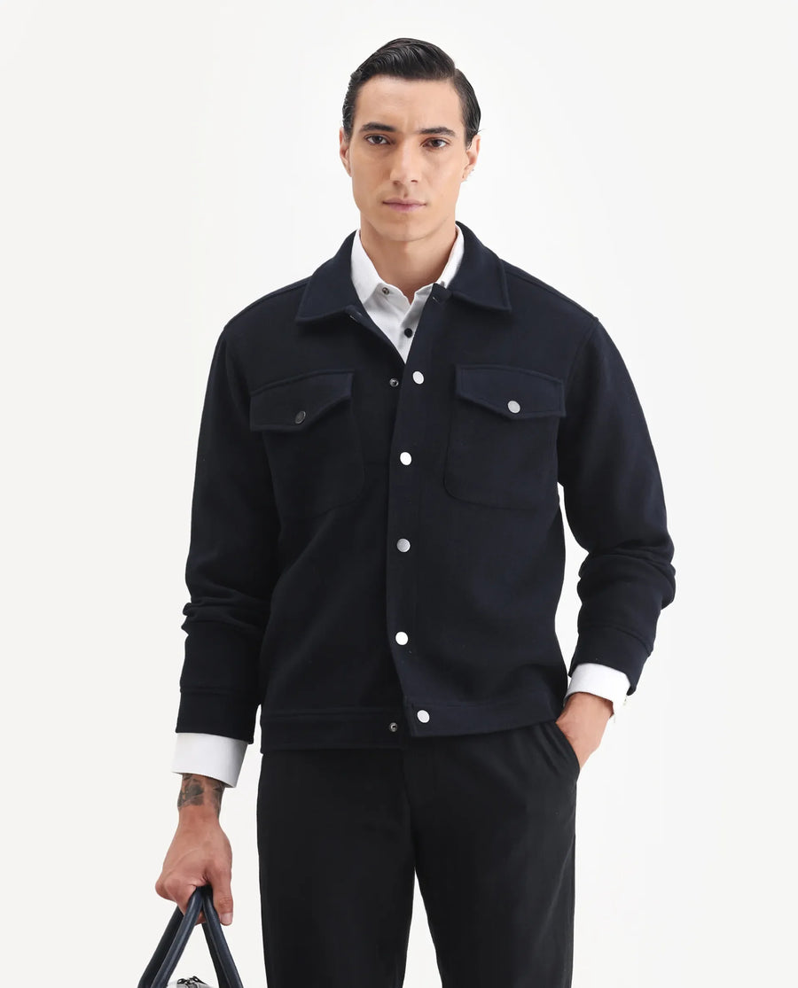 Rare Rabbit Men's Tweedo-25 Navy Olyester Textured Relaxed Fit Full Sleeve Spread Collar Jacket
