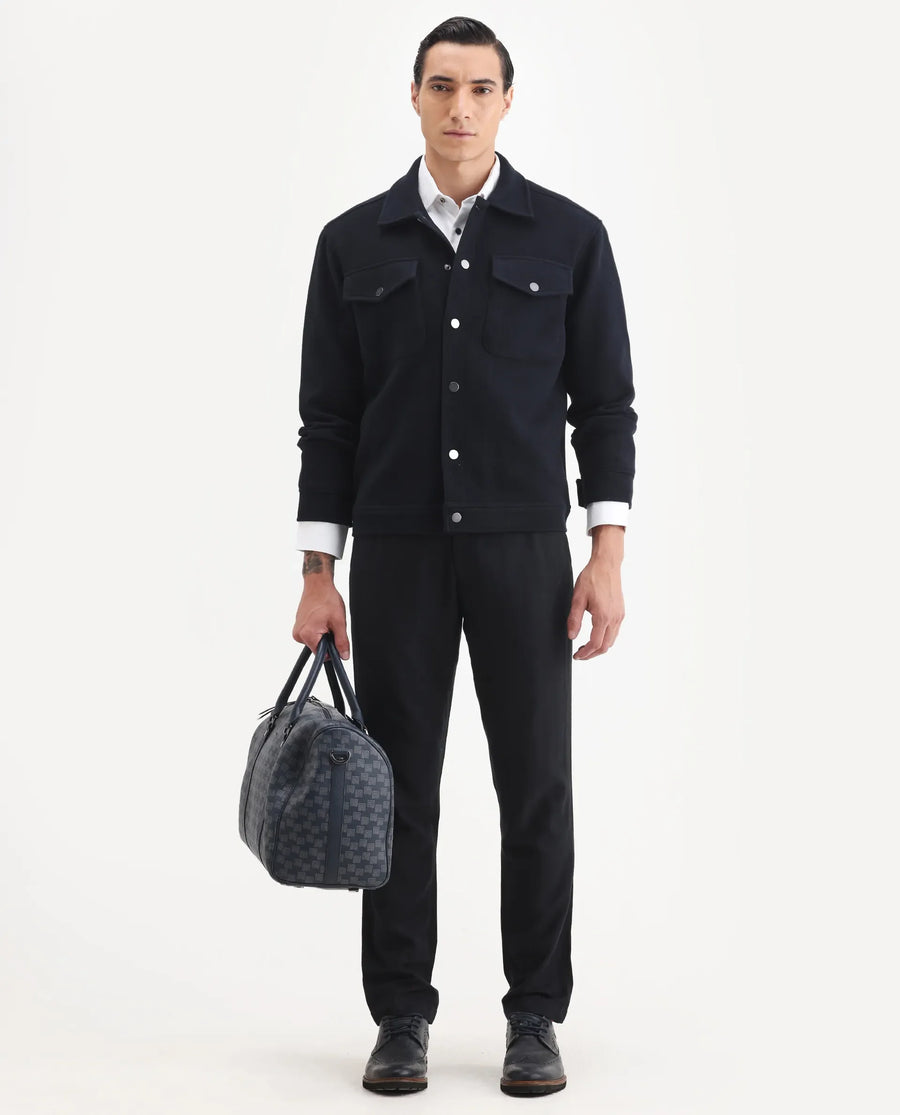 Rare Rabbit Men's Tweedo-25 Navy Olyester Textured Relaxed Fit Full Sleeve Spread Collar Jacket