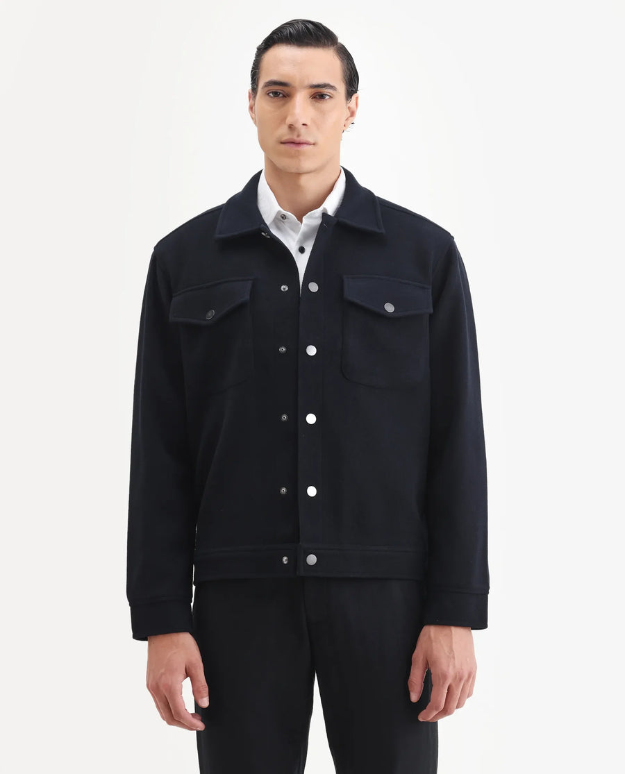 Rare Rabbit Men's Tweedo-25 Navy Olyester Textured Relaxed Fit Full Sleeve Spread Collar Jacket