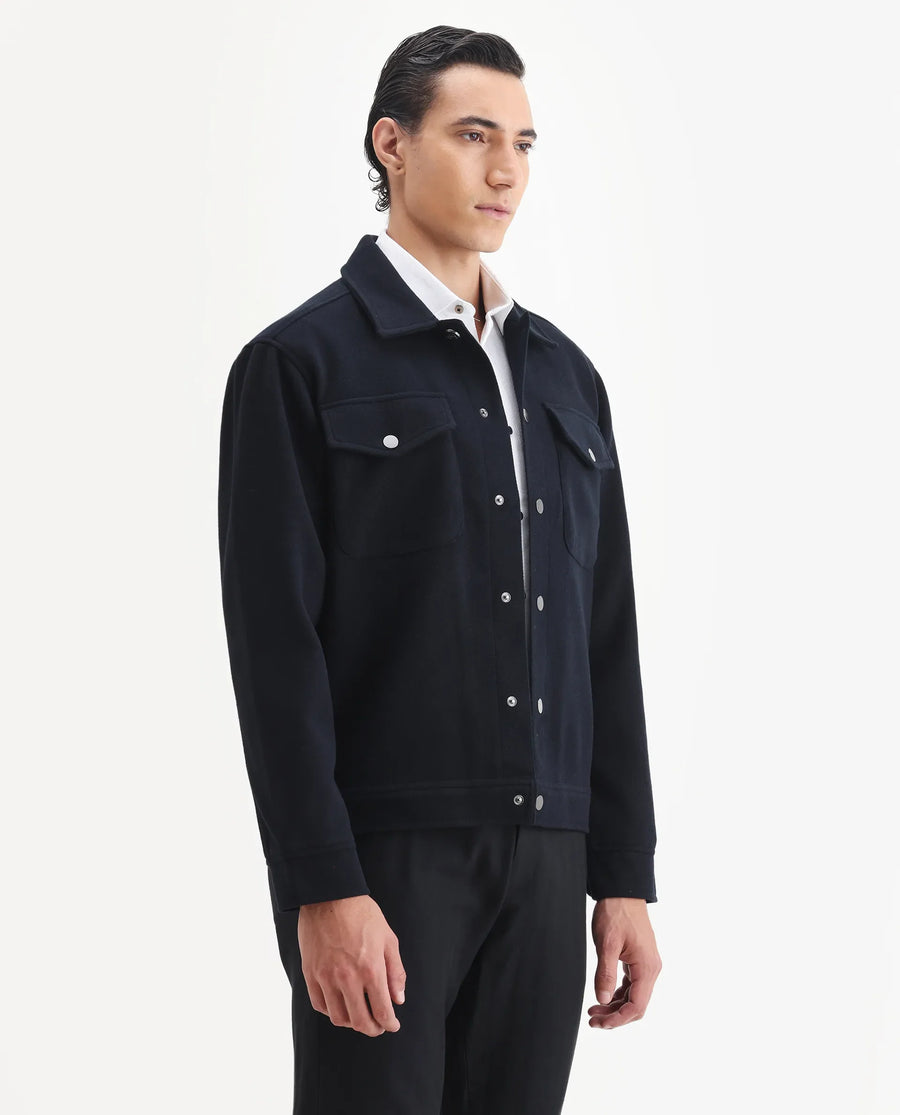 Rare Rabbit Men's Tweedo-25 Navy Olyester Textured Relaxed Fit Full Sleeve Spread Collar Jacket