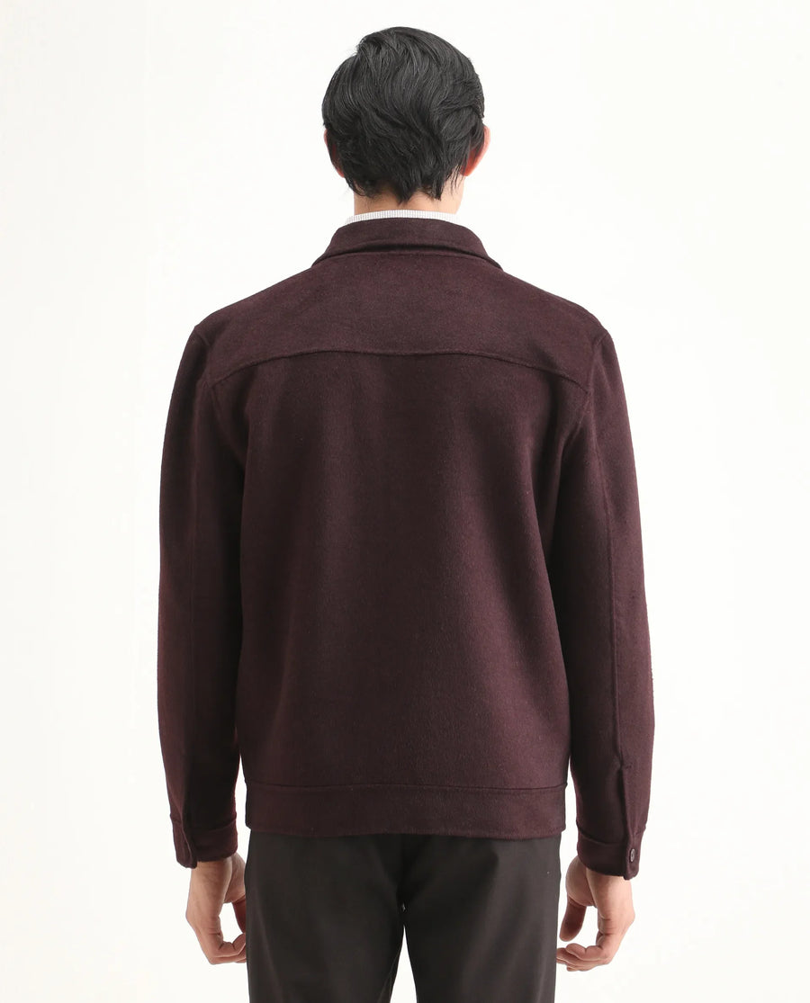 Rare Rabbit Men's Kanei Dark Maroon Polyester Blend Fabric Collared Neck Regular Plain Jacket
