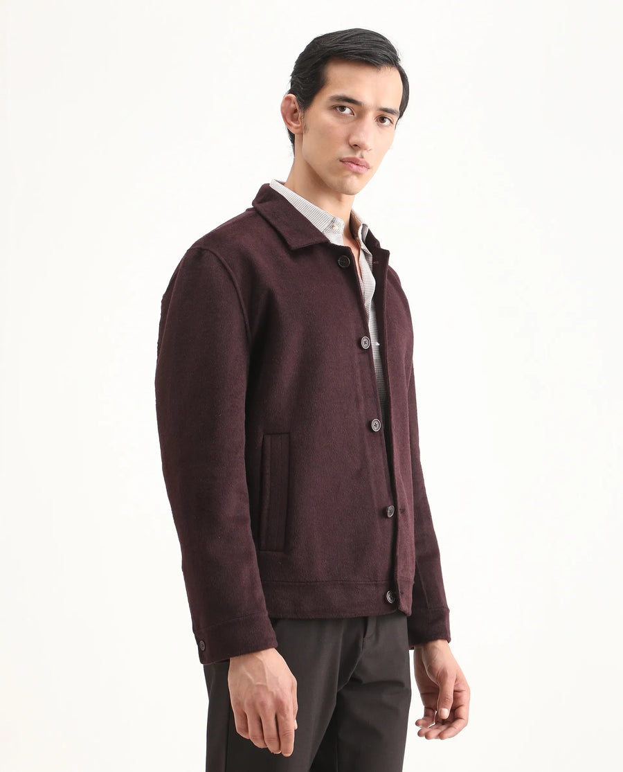 Rare Rabbit Men's Kanei Dark Maroon Polyester Blend Fabric Collared Neck Regular Plain Jacket