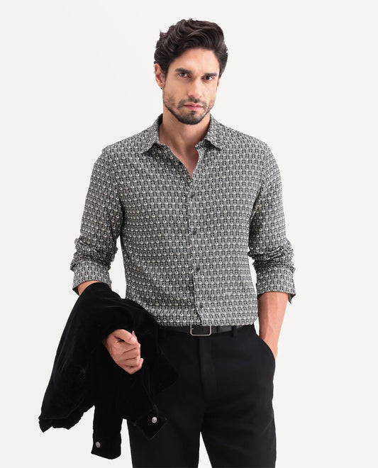 Rare Rabbit Men's Vitry-25 Black Cotton Fabric Spread Collar Regular Fit Jacquard Shirt